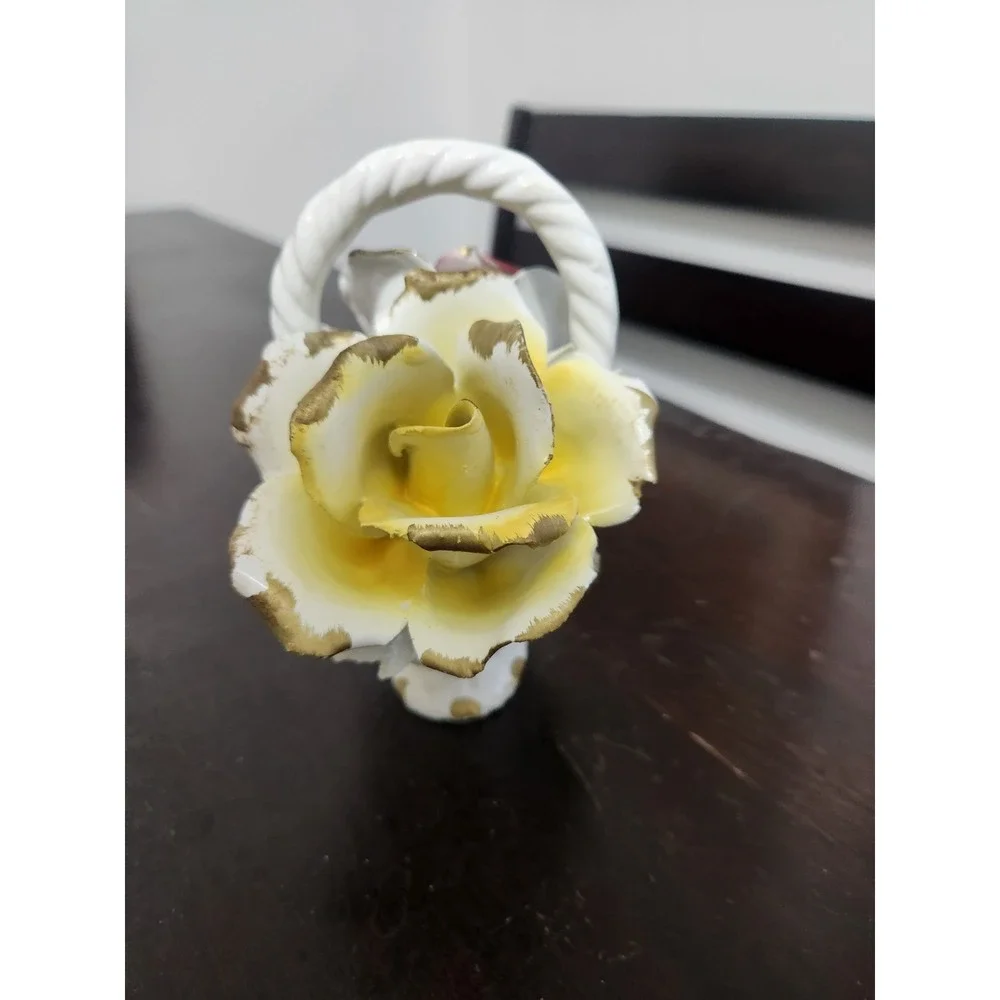 Nuova Capodimonte Italian Porcelain Floral Mini Basket Roses Gold Trim Handle